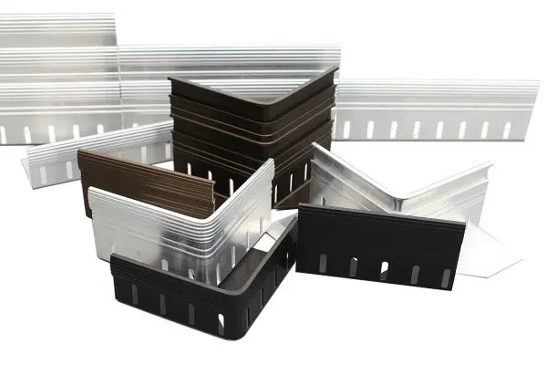 roofedge-lengths-corners-mill-bronze-black RoofEdge samples in multiple sizes and colors.