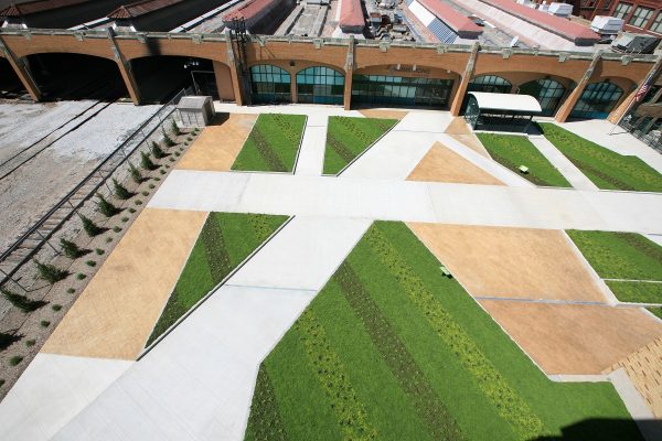 Green roof at Union Station in Indianapolis with intricate shapes