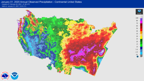 Annual Normal Precipitation Map Generated by NOAA and NWS