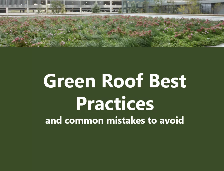 An image showing the first slide of the AIA approved green roof course. Entitled "Green Roof Best Practices and Common Mistakes to Avoid." It is a green background with an image of a planted green roof of dense vegetation in the background.